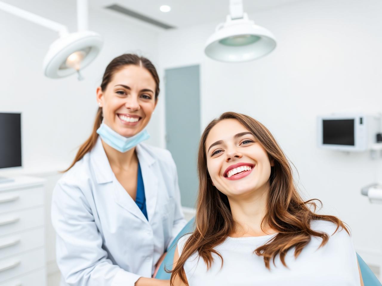 Dentista sorridente atendendo paciente em consultório moderno e limpo